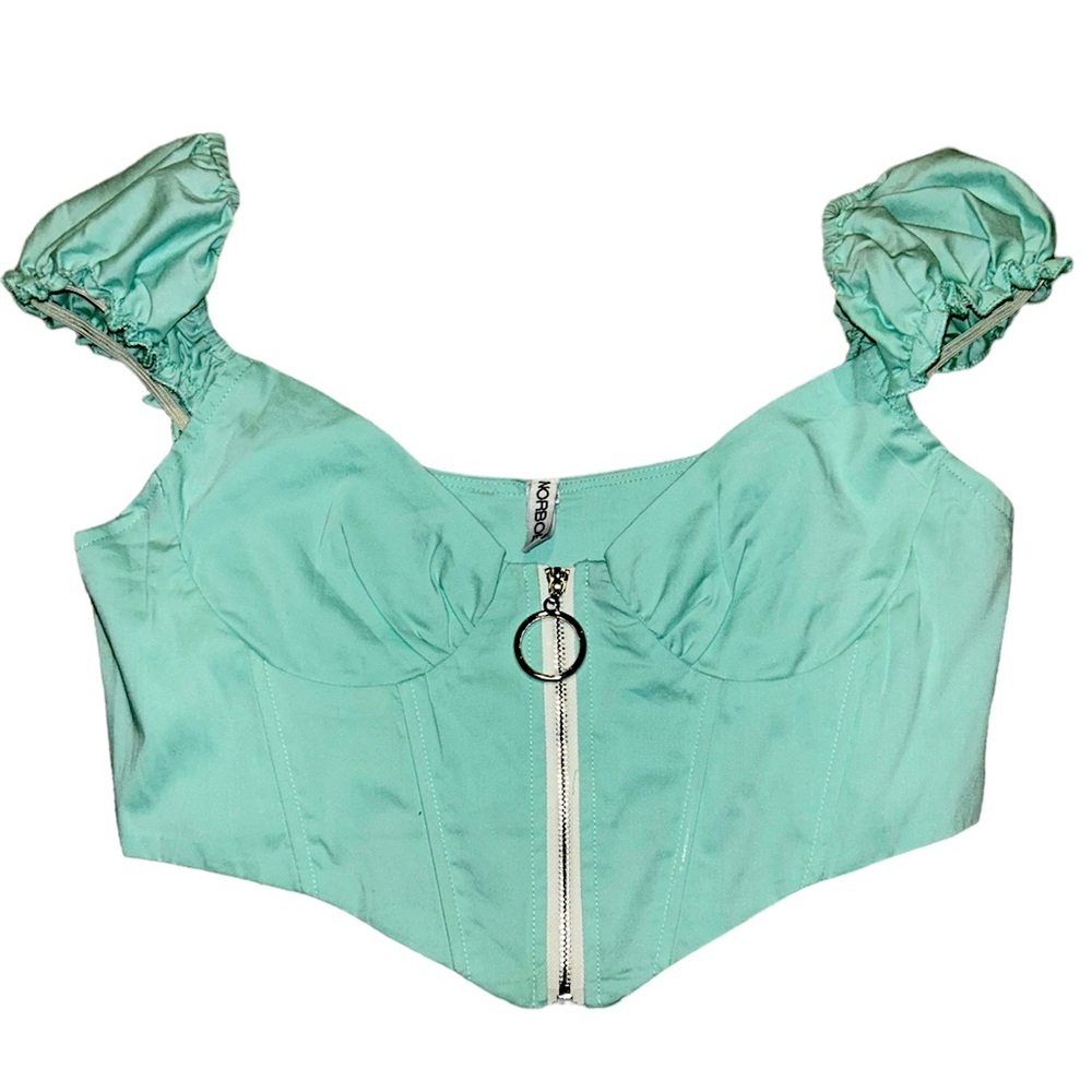 Teal NORBOE zip up crop top.